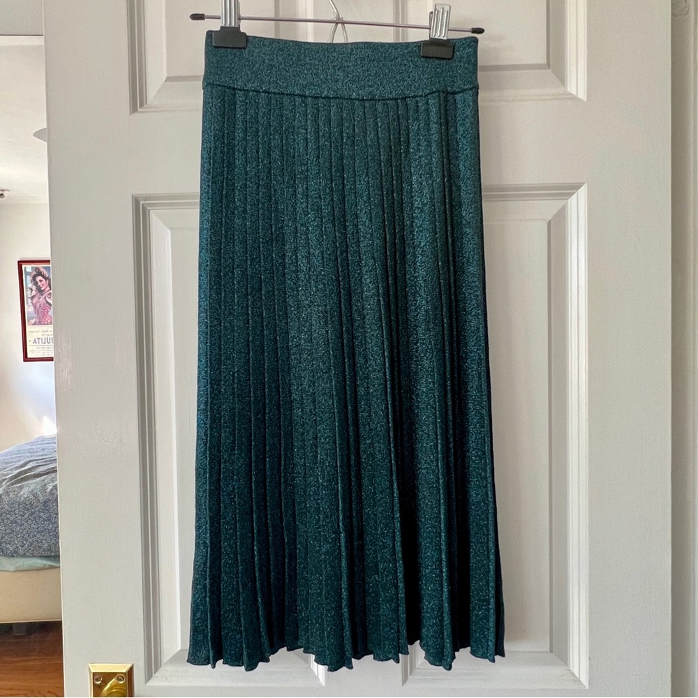 Teal linen and lurex metallic pleated skirt. XS